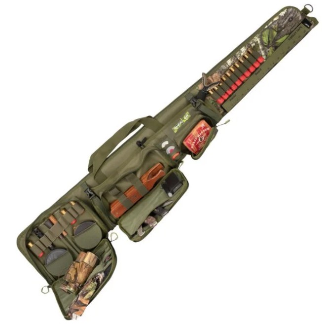 Open green shotgun case with organized hunting gear