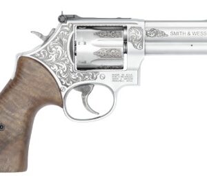Engraved Smith and Wesson revolver with wooden grip
