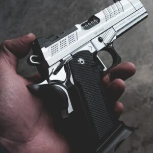 Hand holding a black and silver handgun