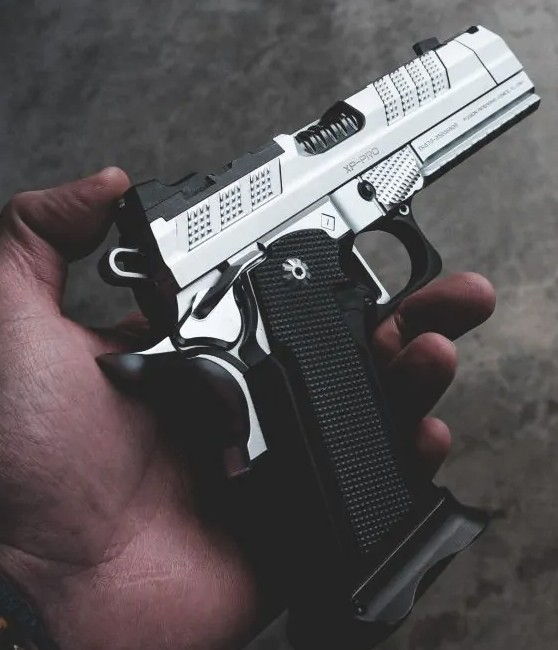 Hand holding a black and silver handgun