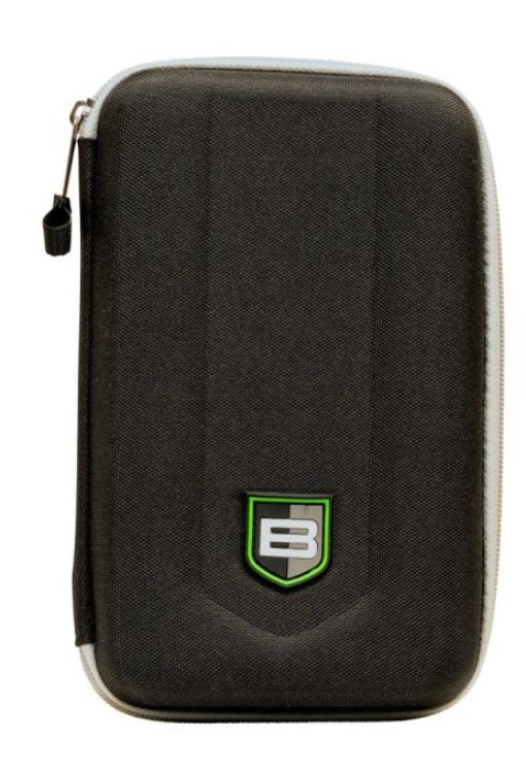 Black zippered hard case with green logo