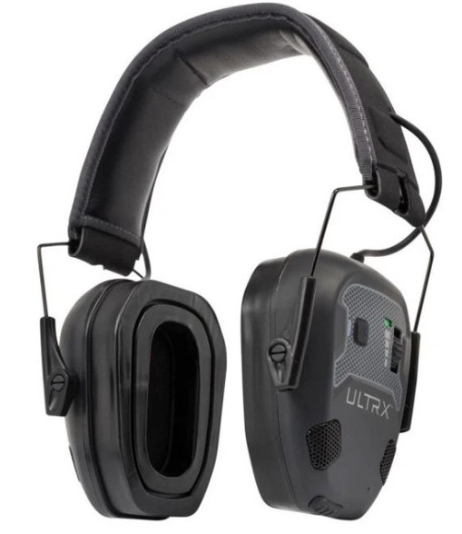 Black ULTRX electronic over-ear hearing protection earmuffs