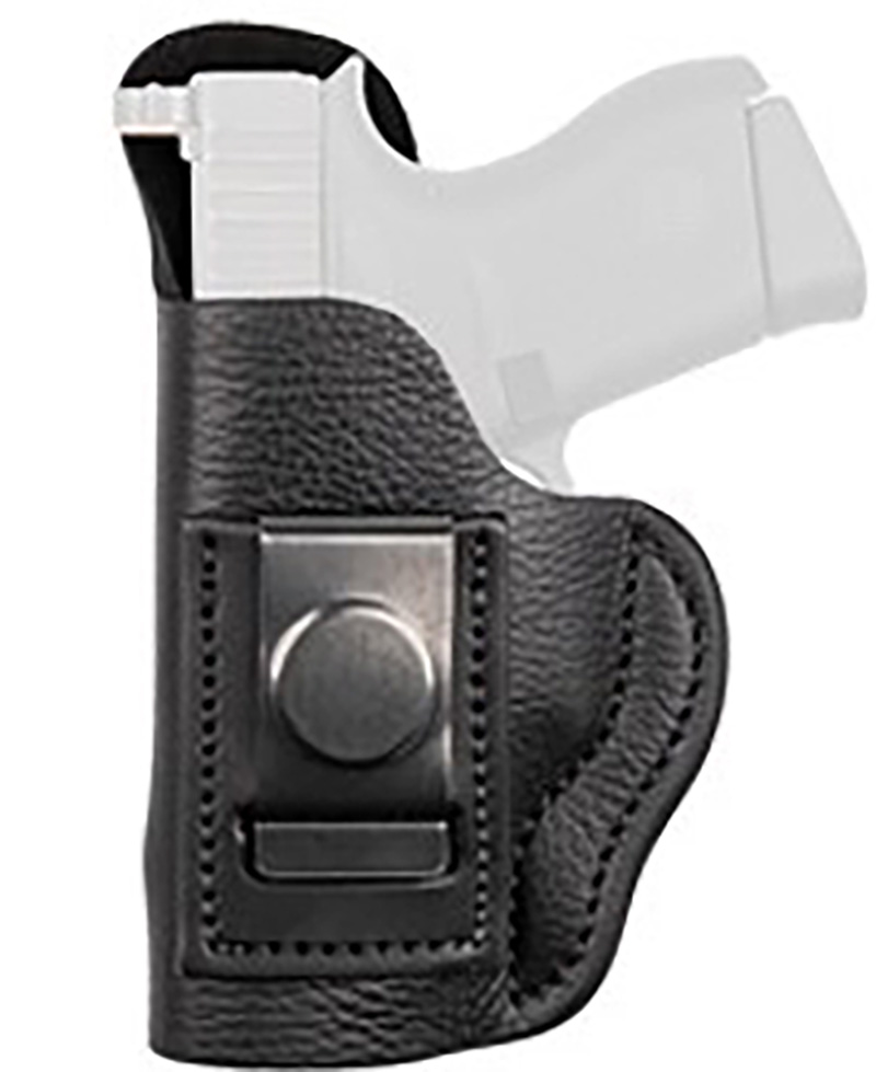 Handgun in black leather belt holster