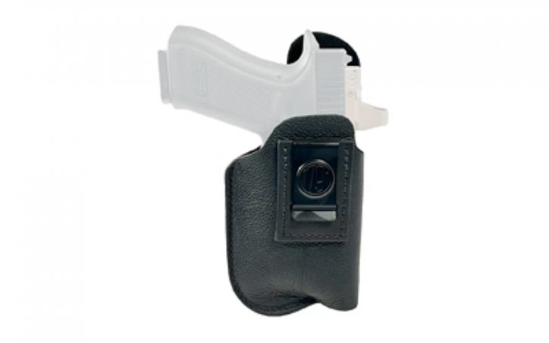 Handgun in black holster on white background