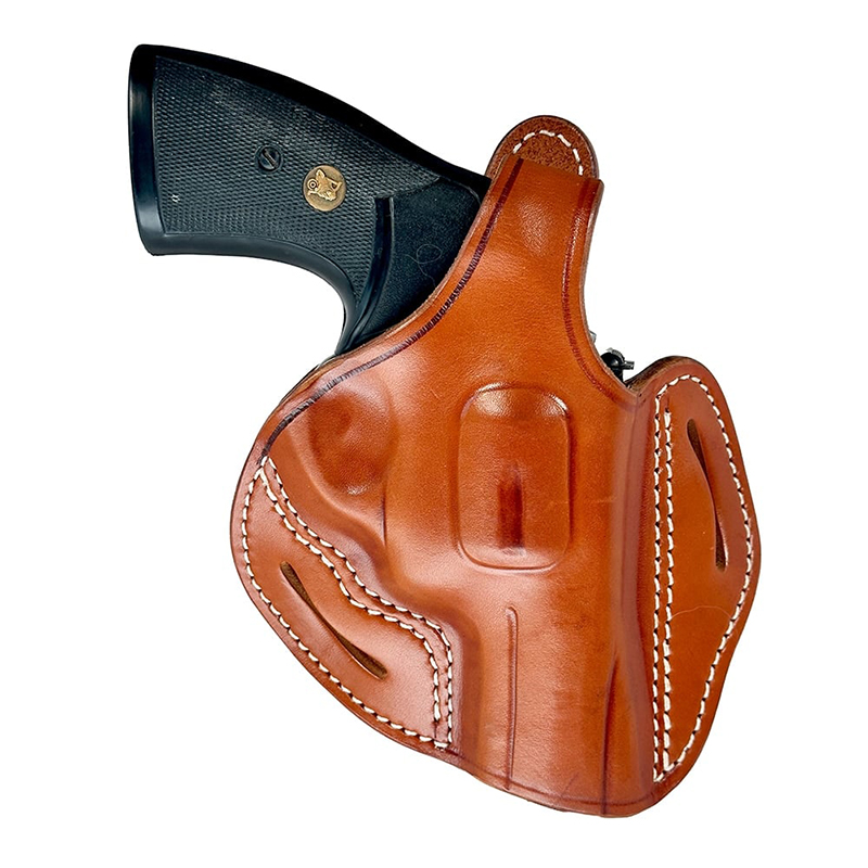 Handgun in brown leather holster