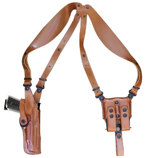 Brown leather shoulder holster with straps and pouch