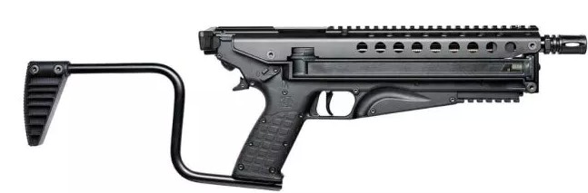 Compact black submachine gun with folding stock