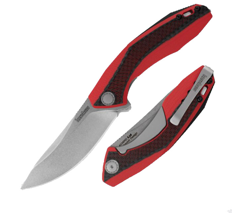 Red and black folding pocket knife open and closed