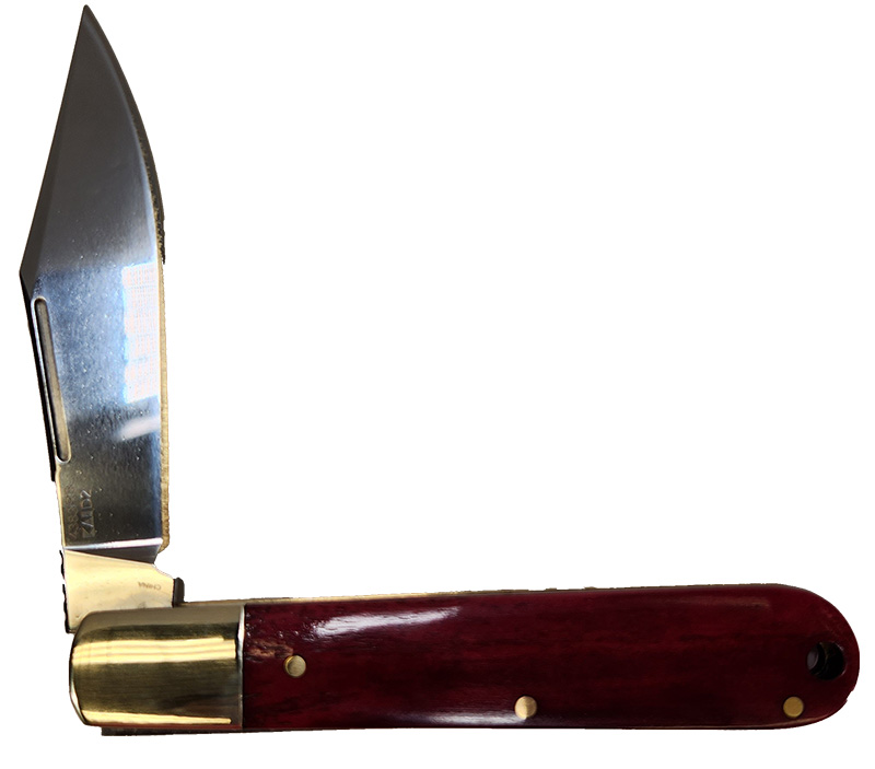 Open folding pocket knife with wooden handle