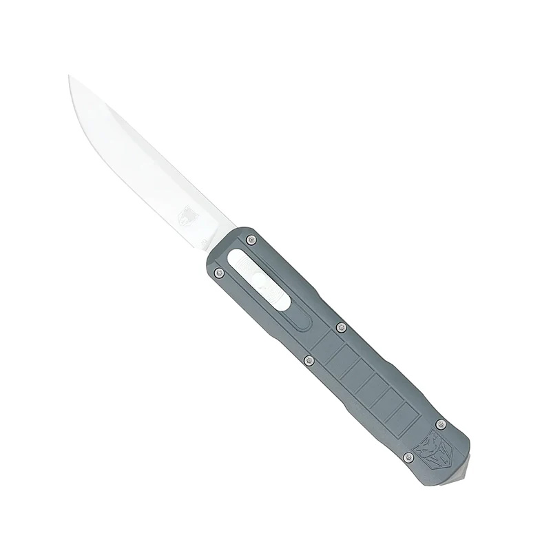 Gray folding pocket knife with silver blade