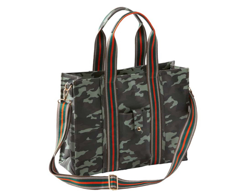 Camouflage tote bag with striped handles and strap