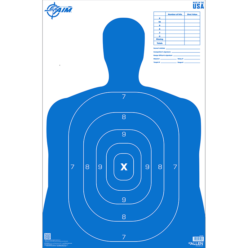Blue silhouette shooting target with scoring rings