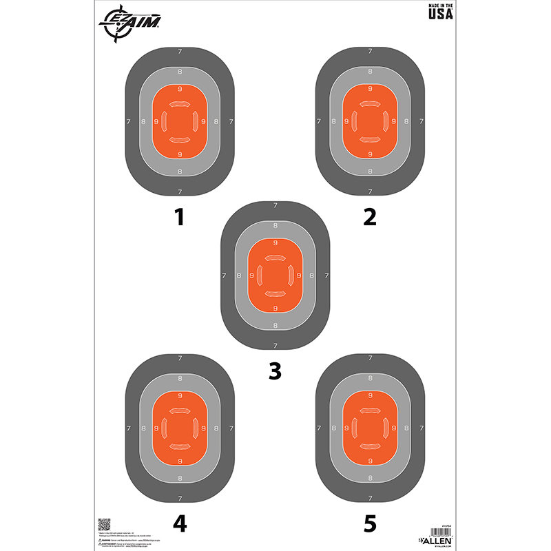 Five EZ Aim shooting targets with scoring rings