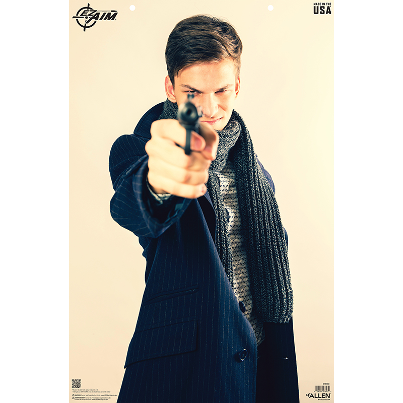 Man aiming handgun directly at camera