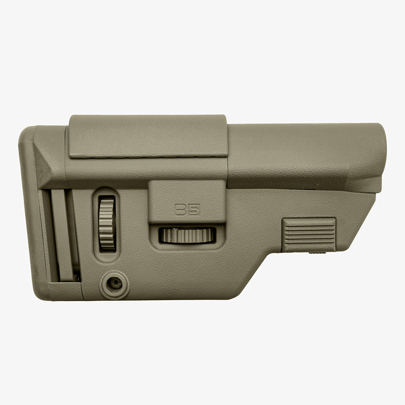 Tan adjustable rifle buttstock with textured grip