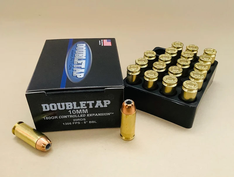 Box and tray of DoubleTap 10mm ammunition