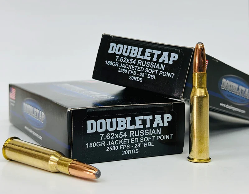 Boxes of DoubleTap 7.62x54 Russian ammunition cartridges