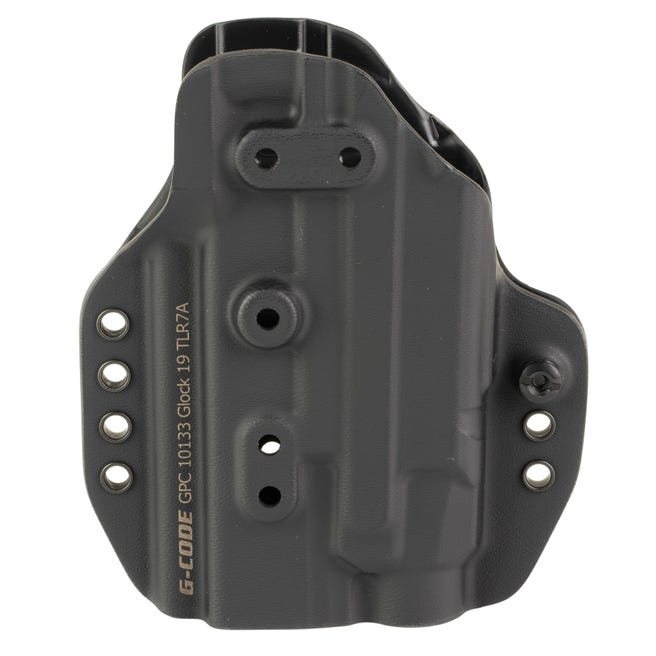 Black Kydex handgun holster on white background