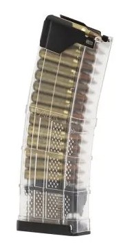 Transparent extended pistol magazine filled with bullets