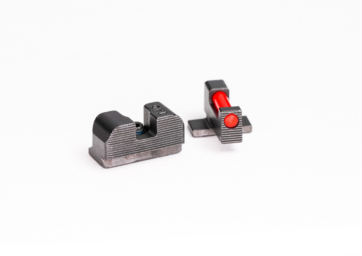 Handgun front and rear iron sights with red fiber optic