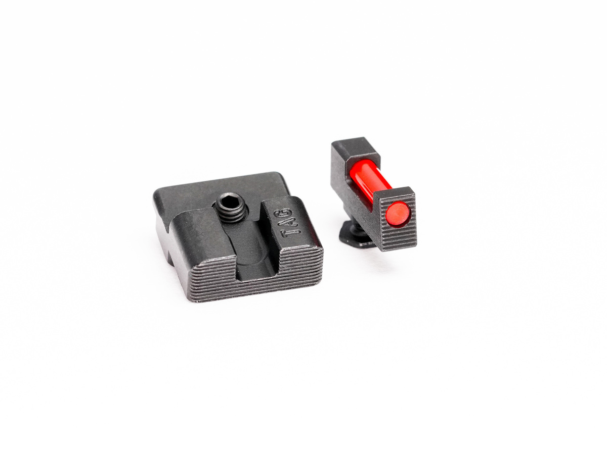 Black pistol sights with red fiber optic insert