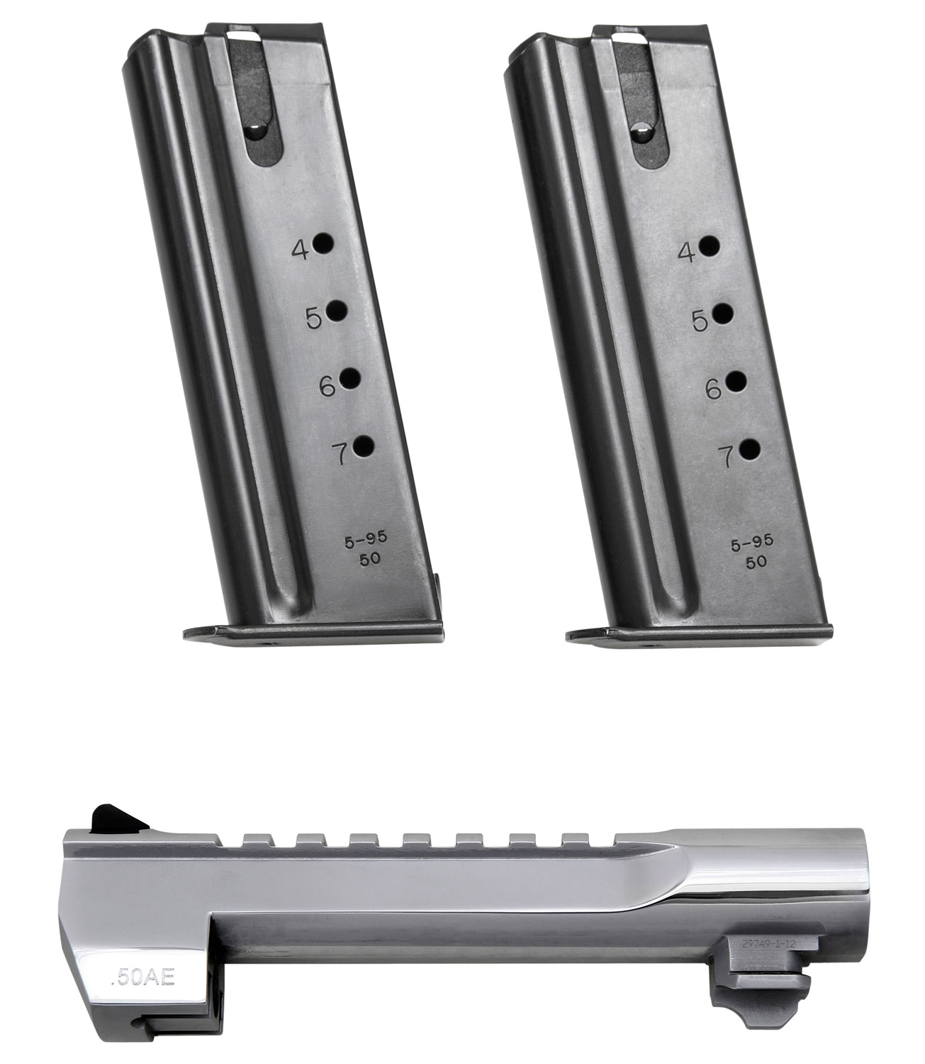 Two pistol magazines and .50AE handgun slide