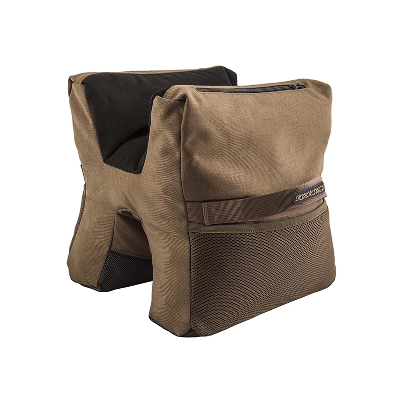 Brown canvas shooting rest bag with mesh pocket