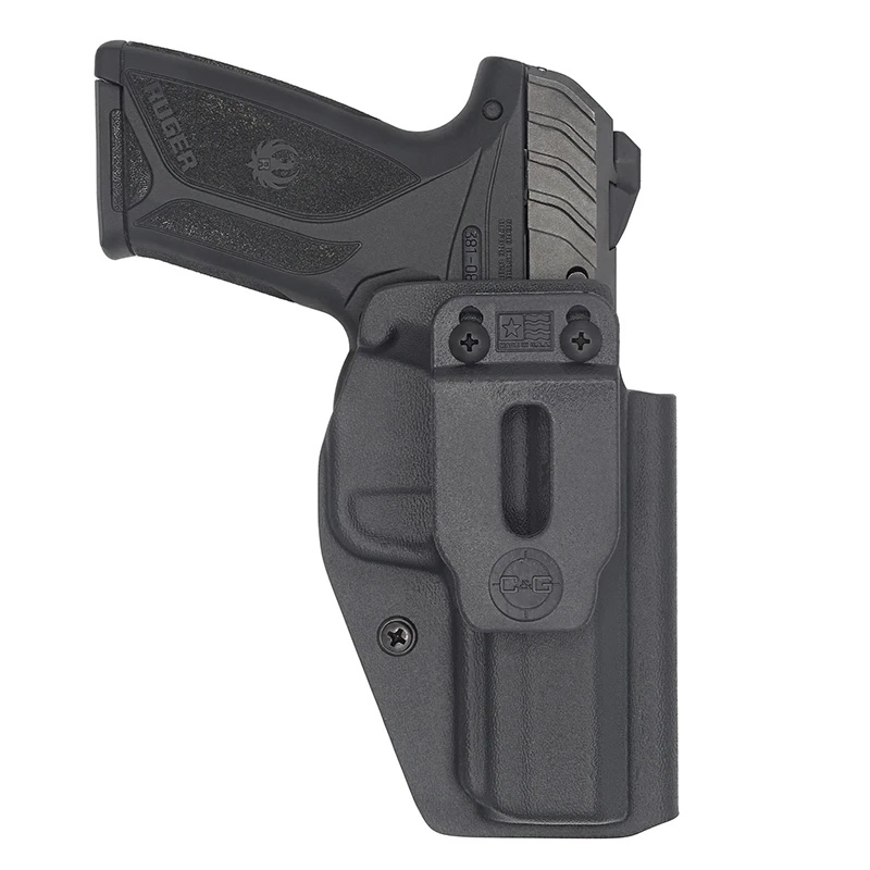 Compact handgun in black polymer holster