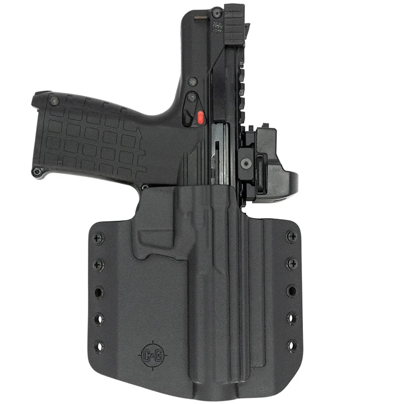 Black handgun in molded holster with optic sight