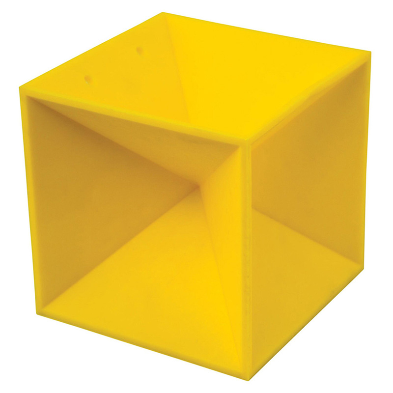 Yellow cube with inward pyramid-shaped indentations