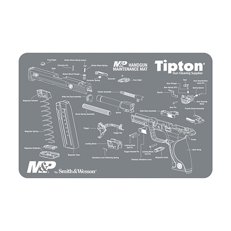 Handgun maintenance mat with labeled pistol diagram