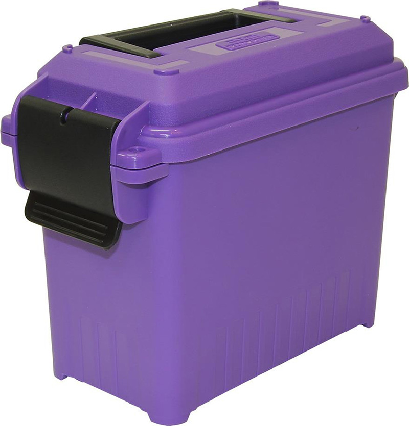 Purple plastic storage cooler with black latch