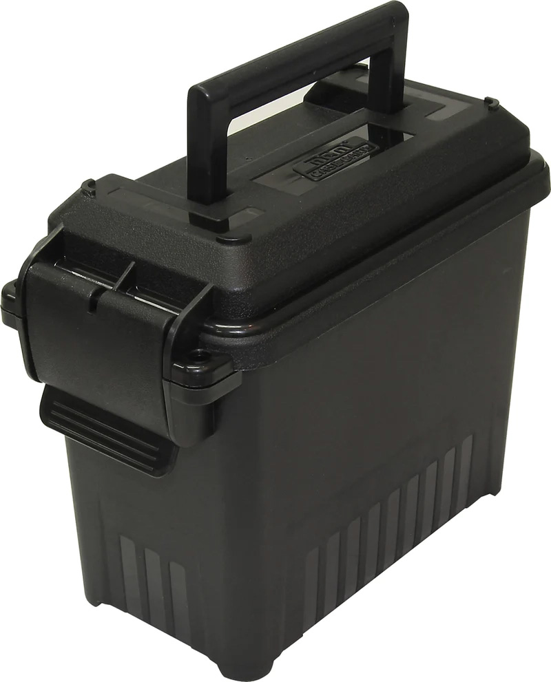 Black plastic ammunition storage box with handle