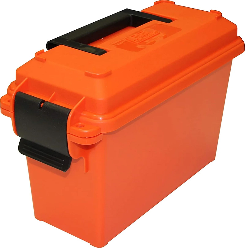 Orange plastic storage box with black handle