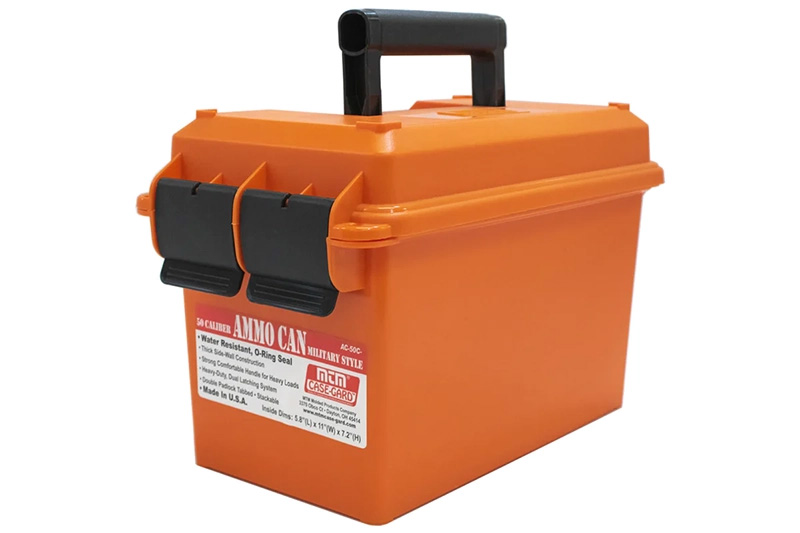 Orange plastic ammo can with black handle