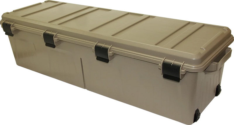 Large tan plastic storage trunk with latches