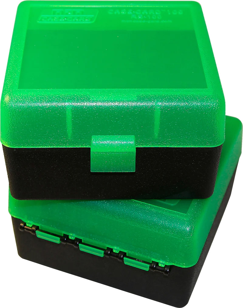 Stacked green and black plastic ammo storage boxes
