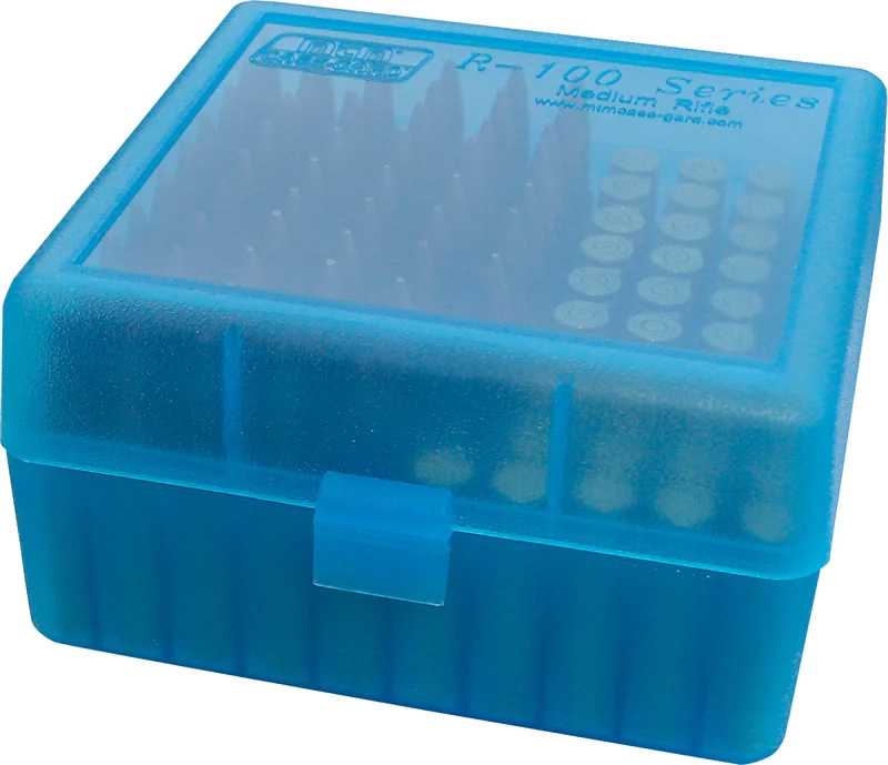 Blue plastic rifle ammunition storage box
