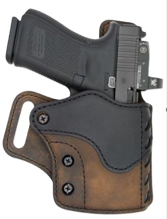 Handgun in brown leather belt holster