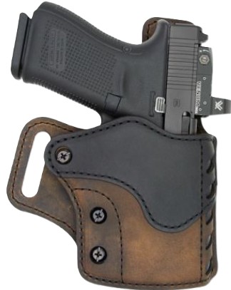 Handgun in brown leather holster