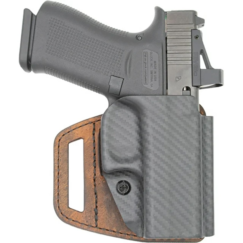 Handgun in carbon fiber and leather holster