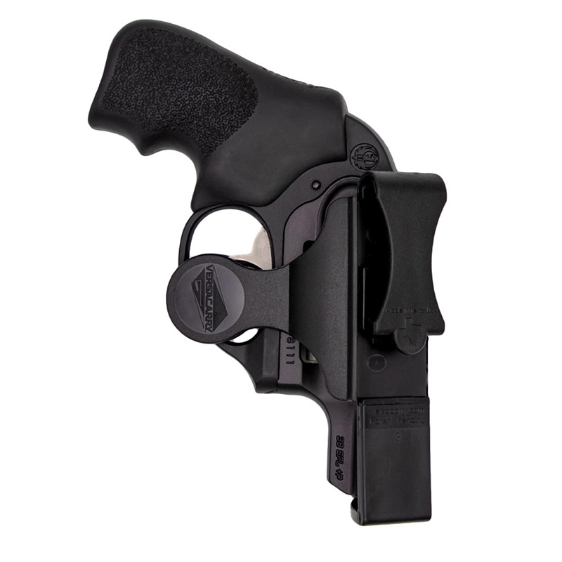 Black revolver in compact holster on white background