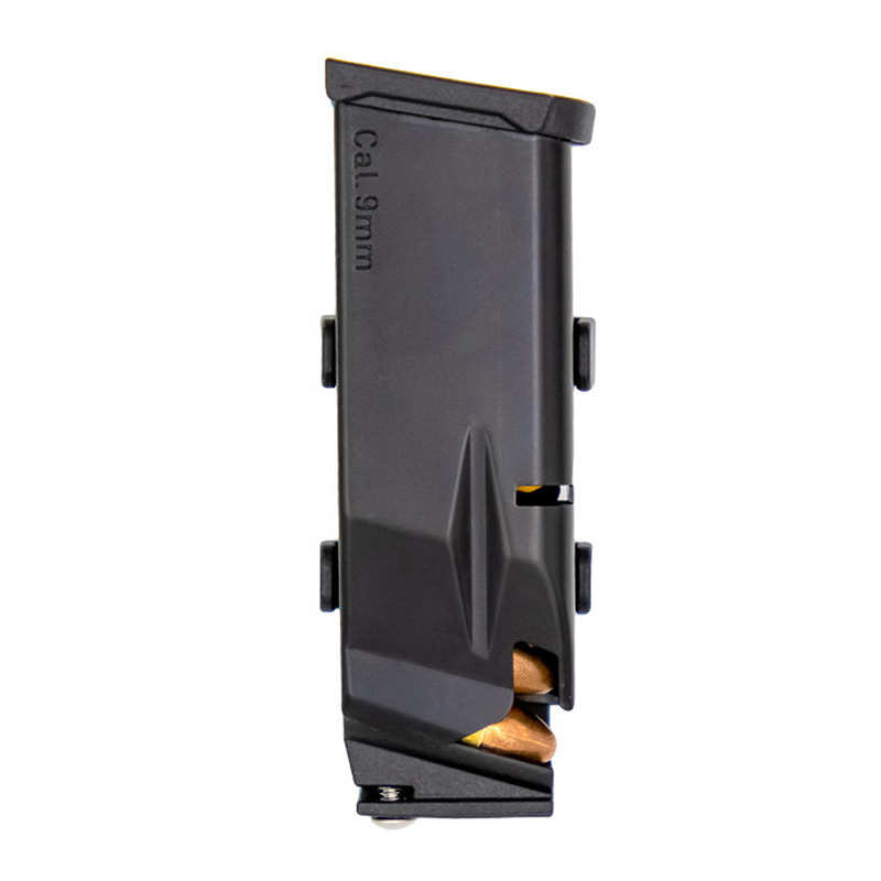 Black 9mm handgun magazine with visible bullets