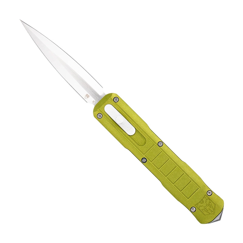 Green automatic OTF knife with extended blade