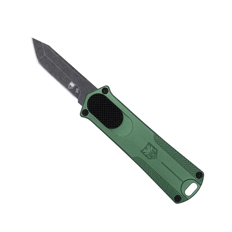 Green out-the-front automatic knife with black blade