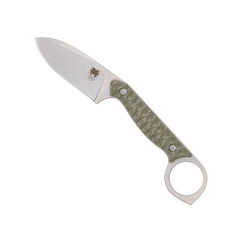 Fixed blade knife with green handle and finger ring