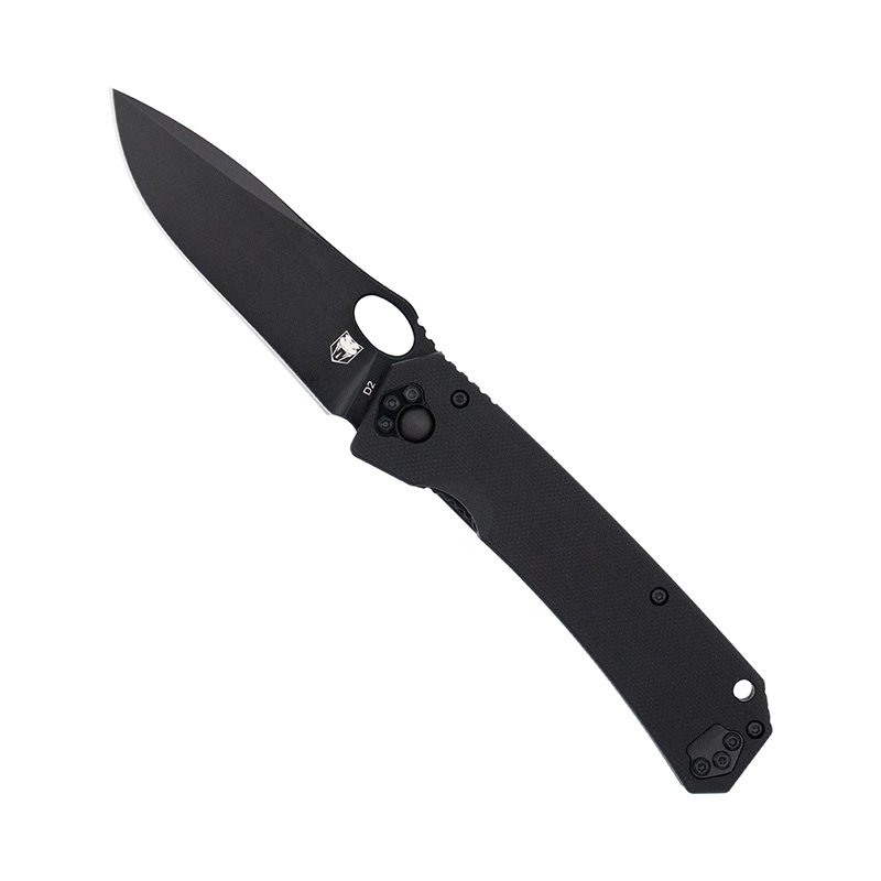 Black folding pocket knife with textured handle