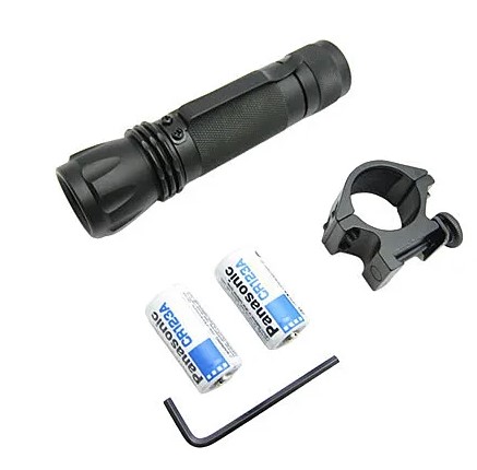 Tactical flashlight with mount, batteries, and Allen wrench