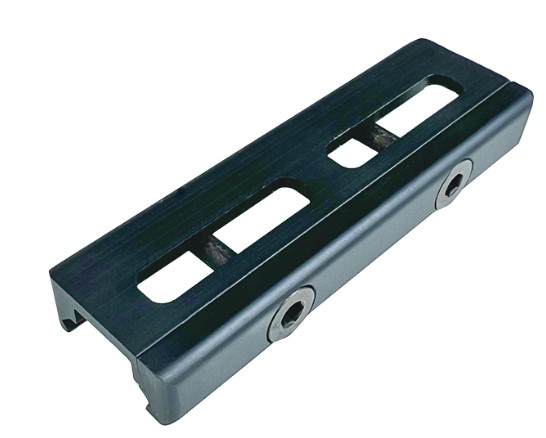 Black metal mounting bracket with rectangular slots