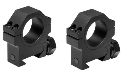 Two black rifle scope mounting rings